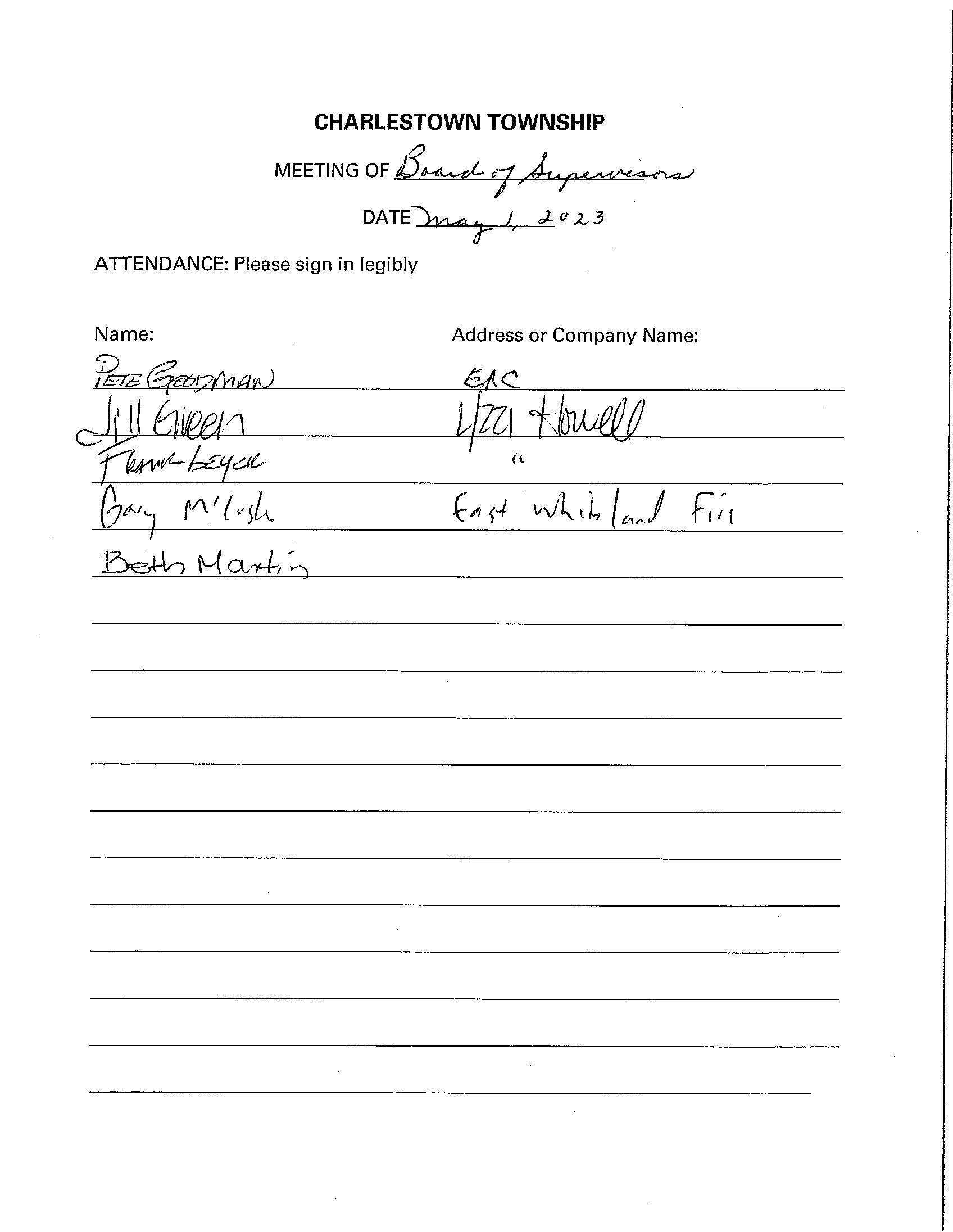 Sign-in sheet, 5/1/2023
