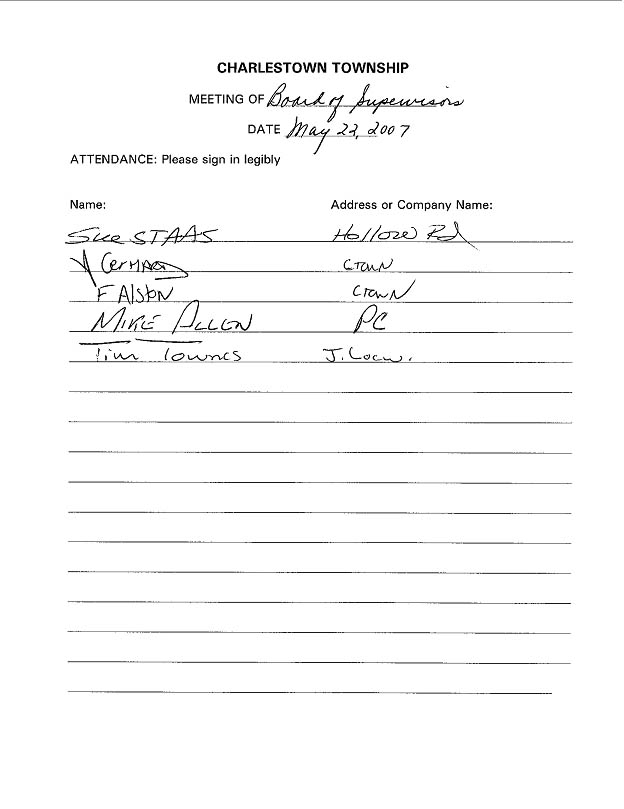 Sign-in sheet, 5/22/2007