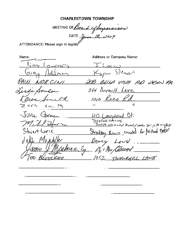 Sign-in sheet, 6/18/2007