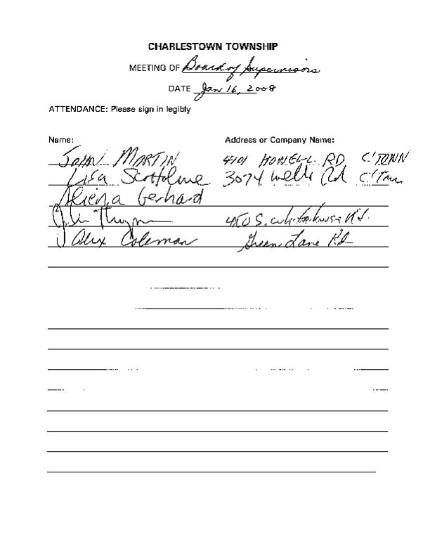 Sign-in sheet, 1/16/2008