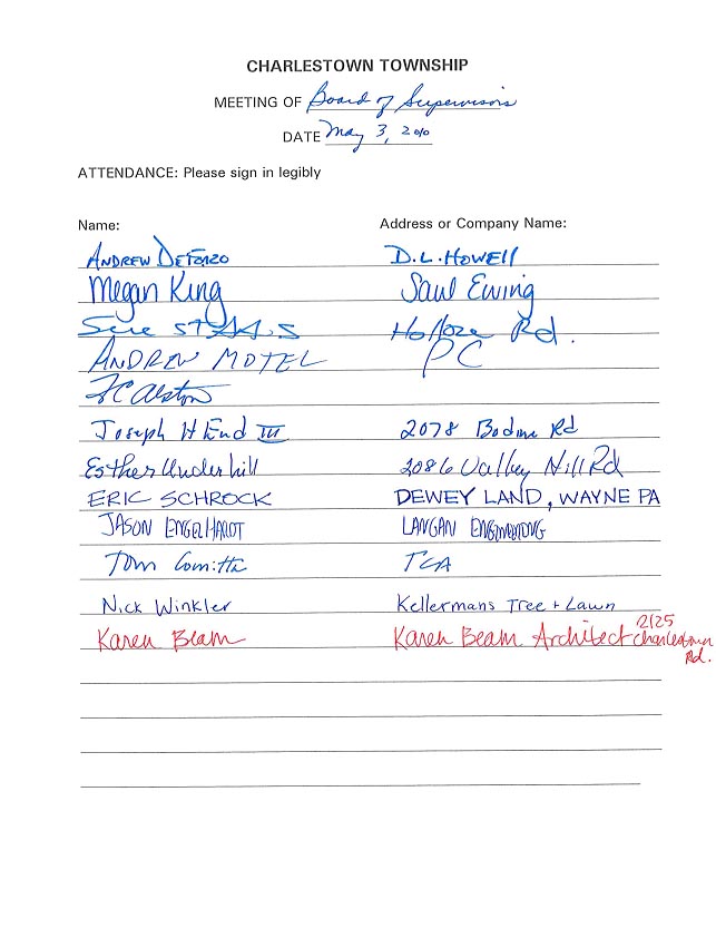 Sign-in sheet, 5/3/2010