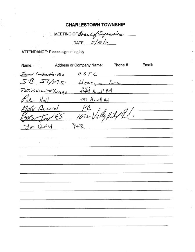 Sign-in sheet, 5/16/2011