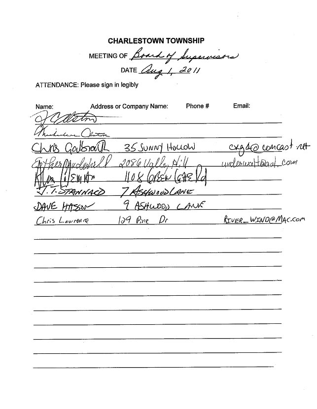 Sign-in sheet, 8/1/2011