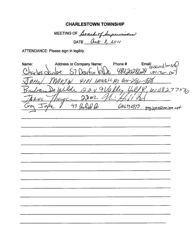 Sign-in sheet, 10/3/2011