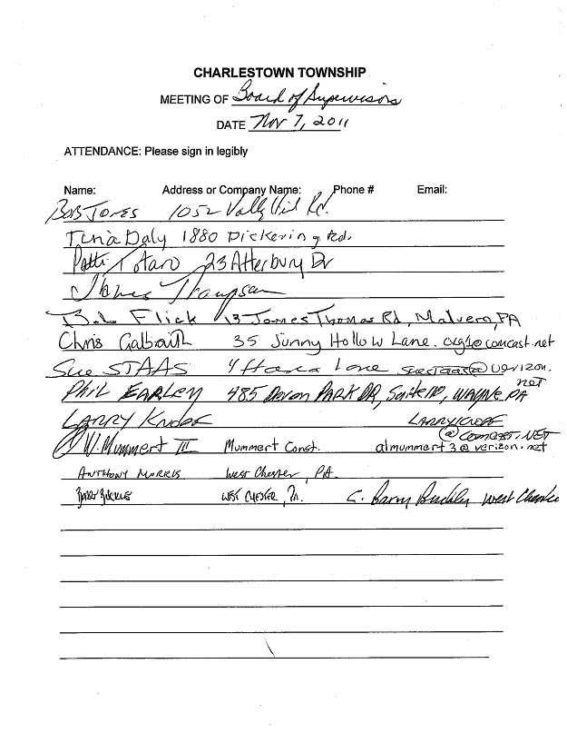 Sign-in sheet, 11/7/2011