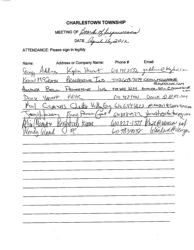 Sign-in sheet, 4/16/2012