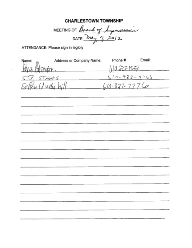 Sign-in sheet, 5/7/2012