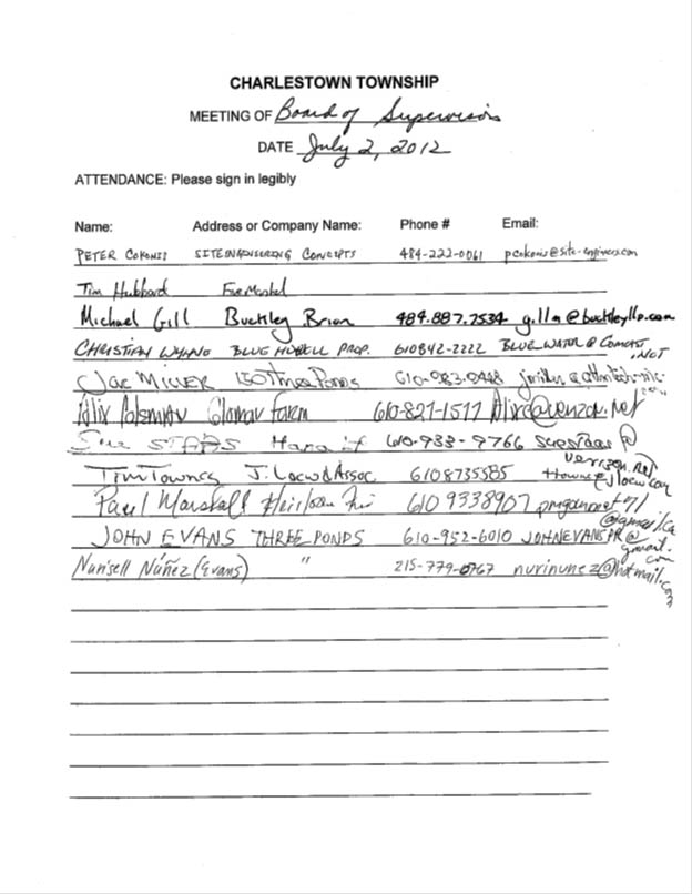 Sign-in sheet, 7/2/2012