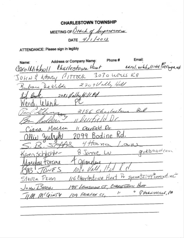 Sign-in sheet, 04/01/2013