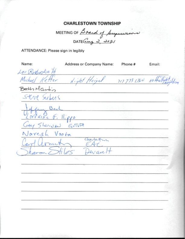 Hand-written sign-in sheet for the meeting