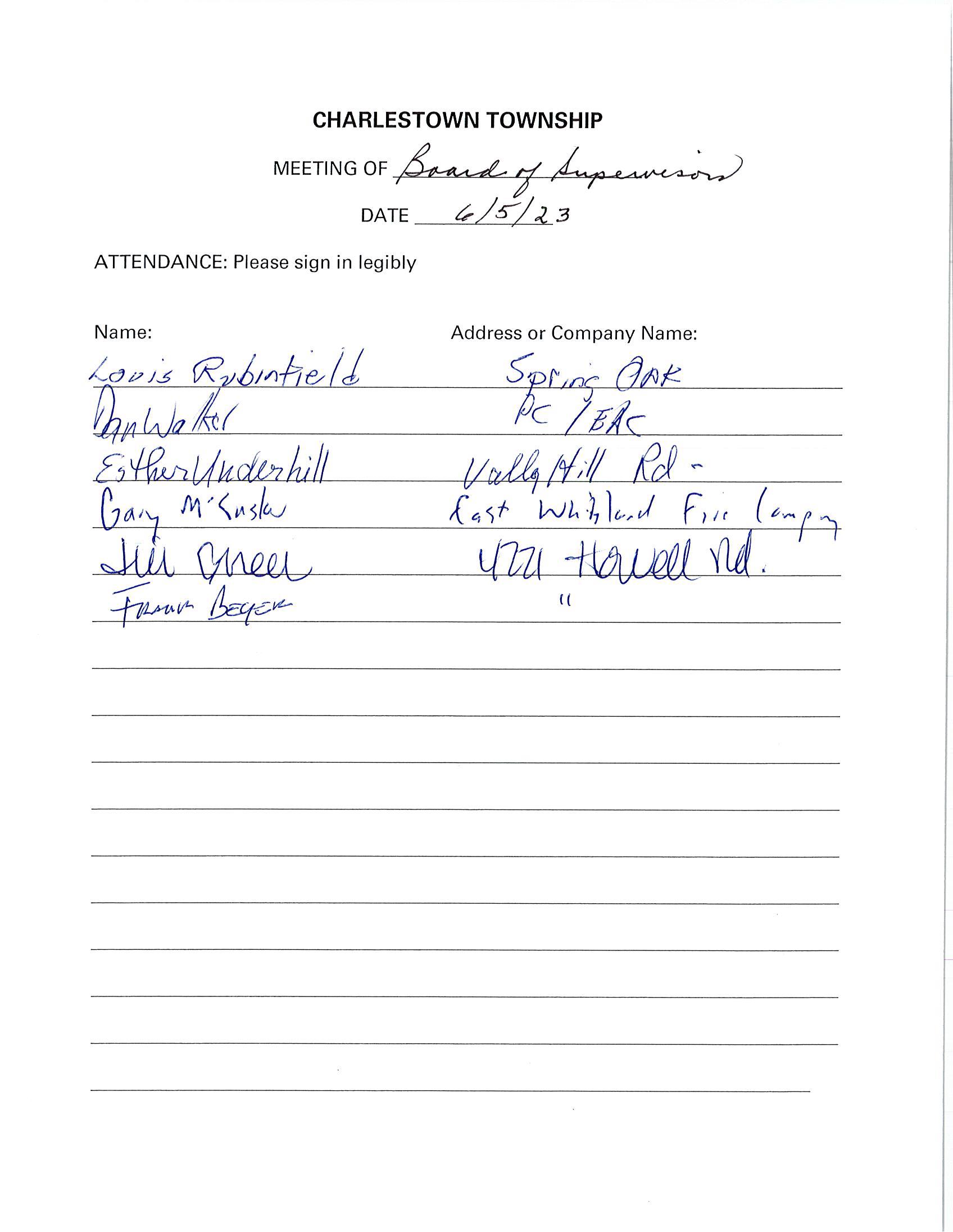 Sign-in sheet, 6/5/2023