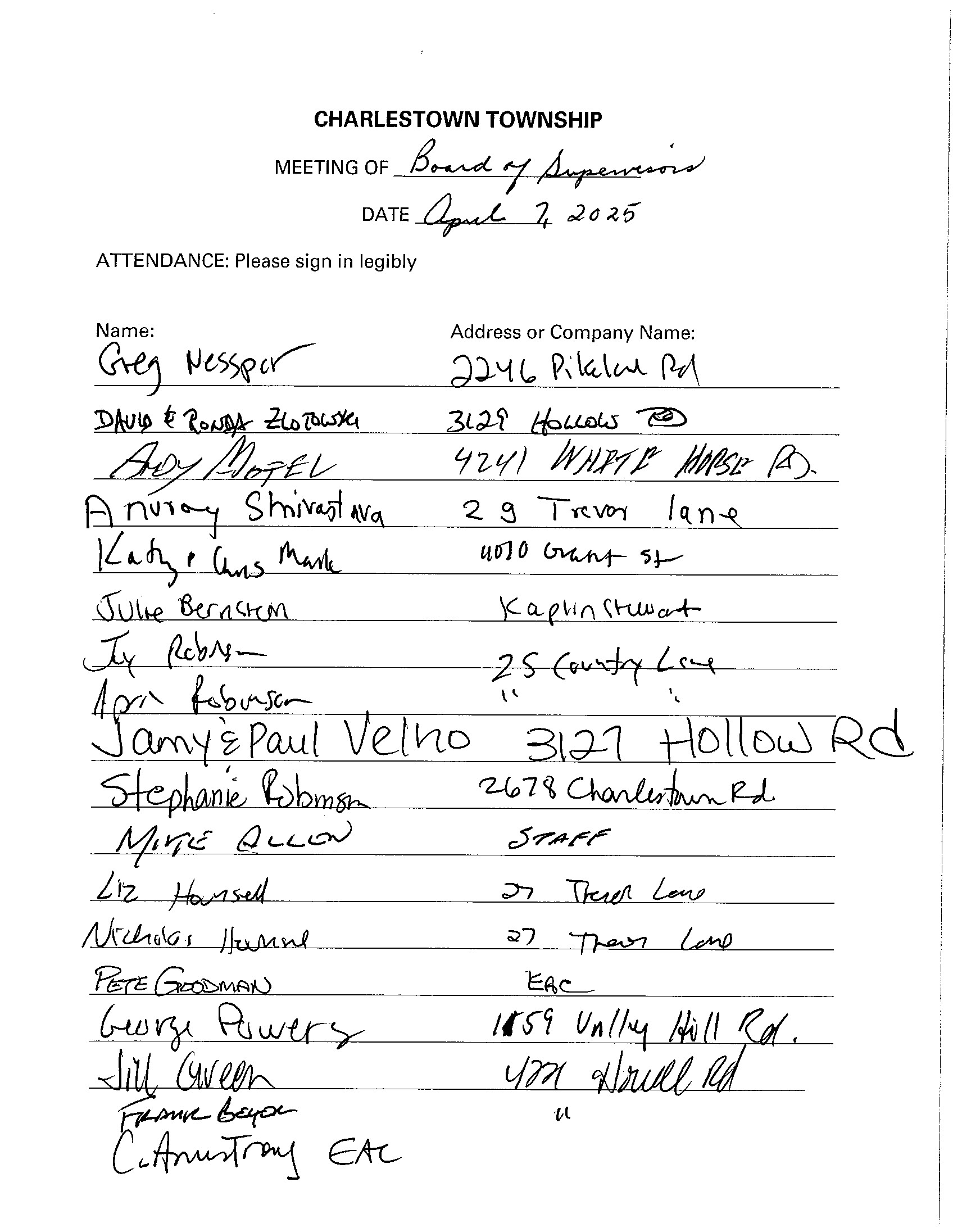 Sign-in sheet, 4/7/2025
