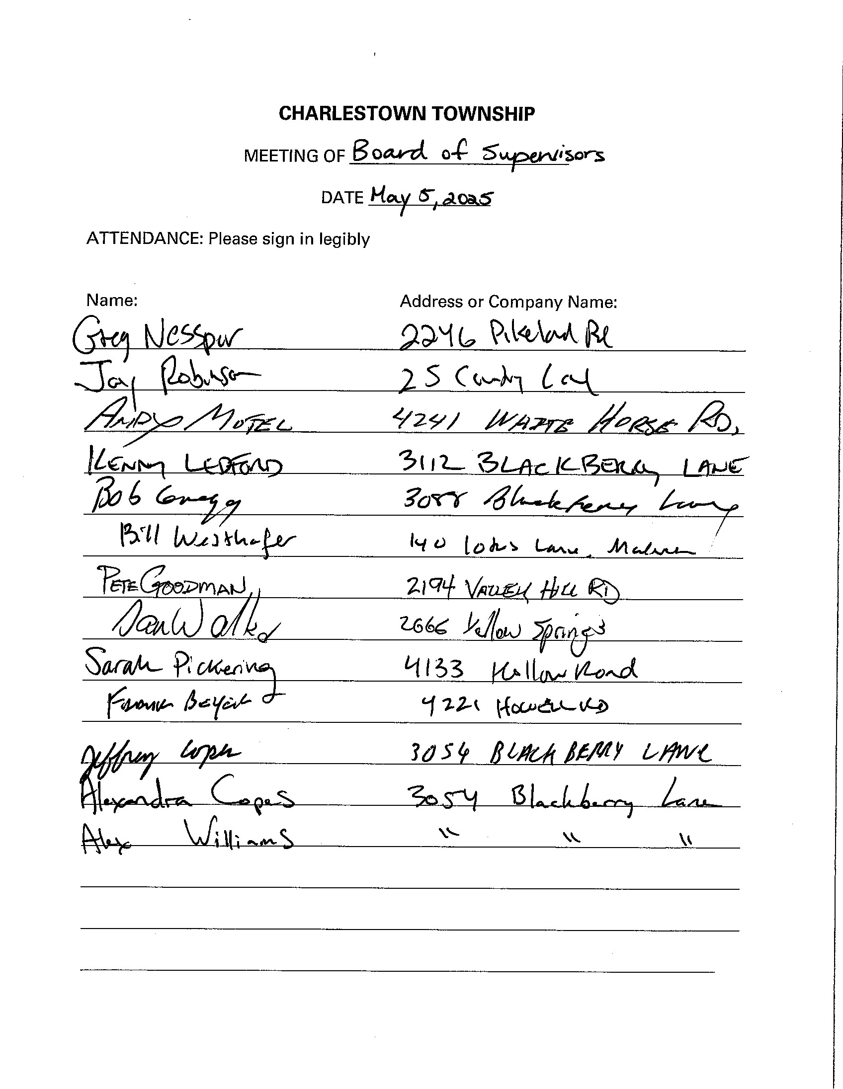 Sign-in sheet, 5/5/2025
