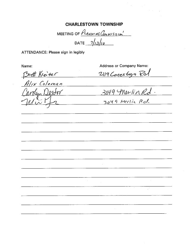 Sign-in sheet, 7/13/2010