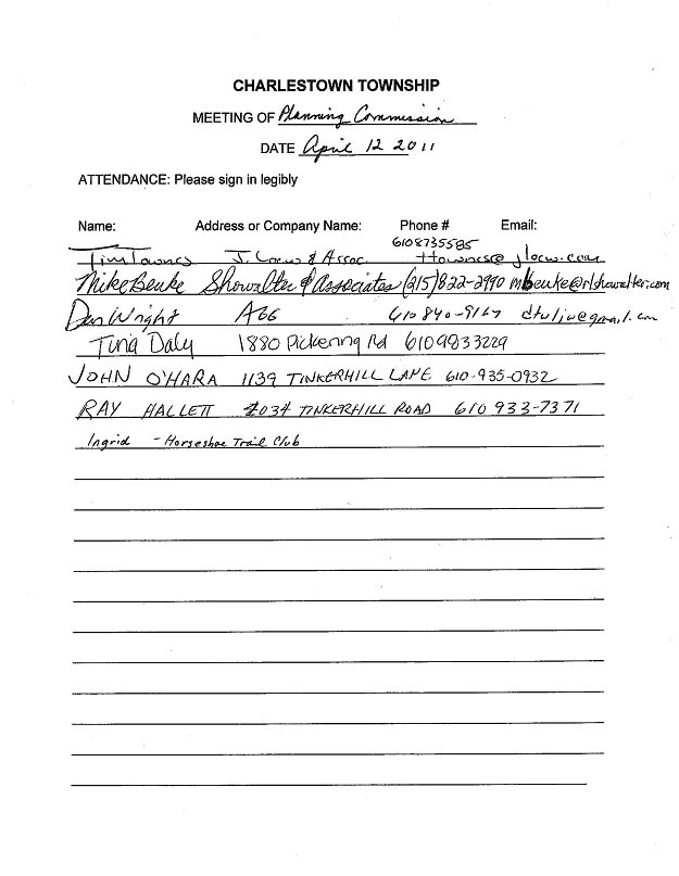 Sign-in sheet, 4/12/2011