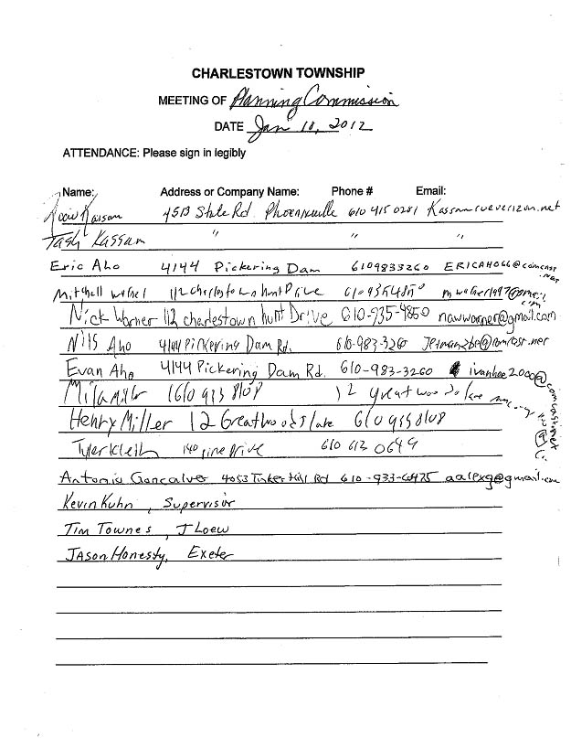 Sign-in sheet, 1/10/2012