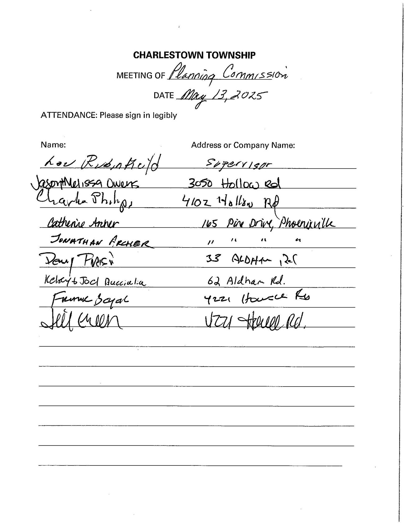 Sign-in sheet, 5/13/2025